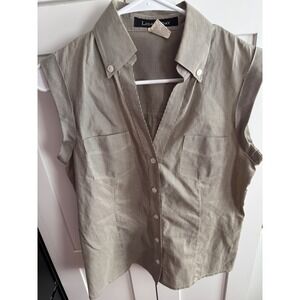 Lida Baday‎ Womens Sleeveless Button Down Cotton Silk Pinstripe Olive Size 6